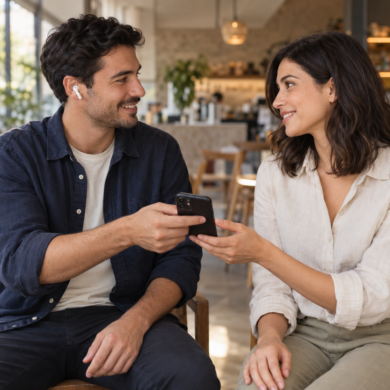 Telefonunu karşısındaki kişiye uzatan bir kişi.