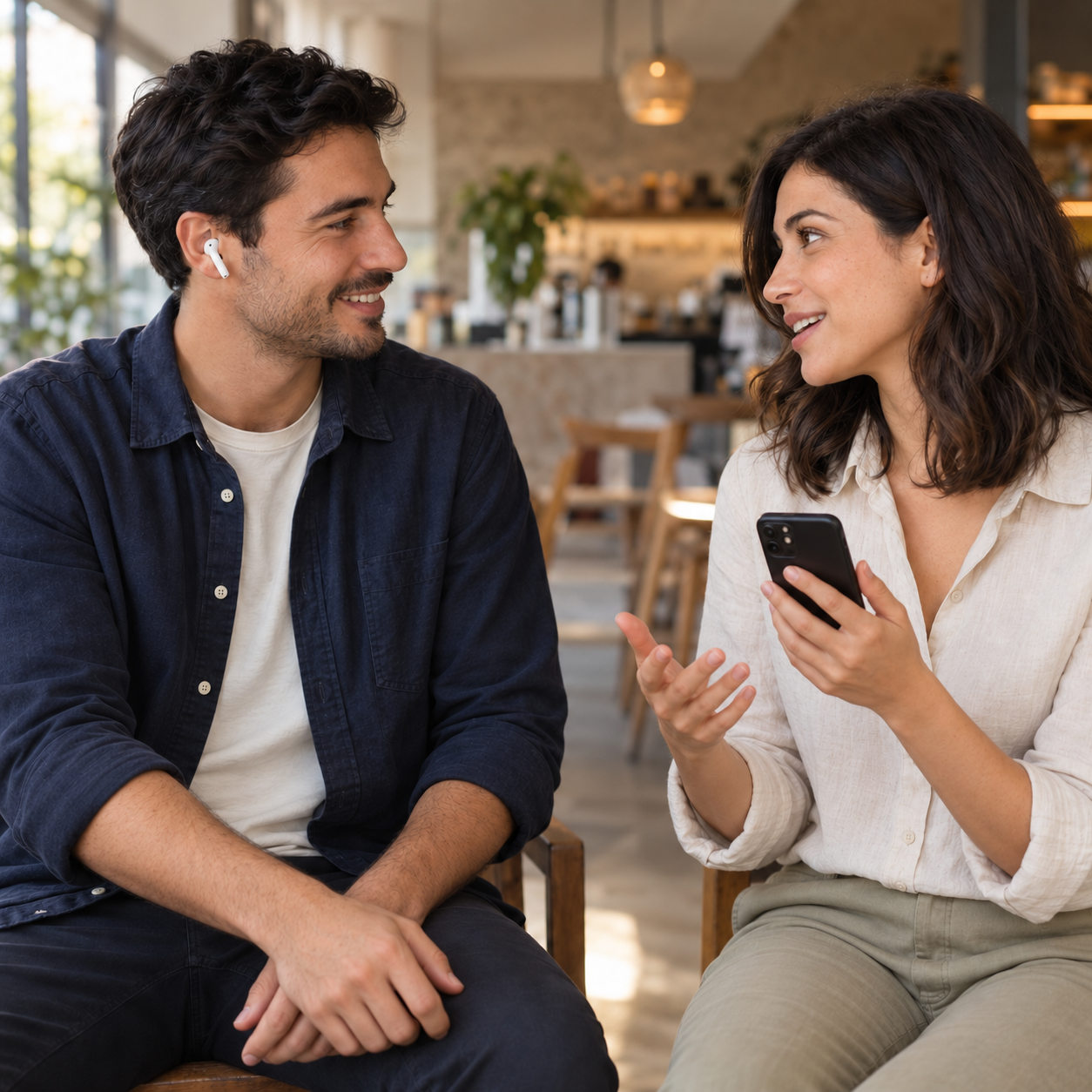 Yüz yüze sohbet eden iki kişi; biri kulaklık takıyor, diğeri telefonu tutuyor.